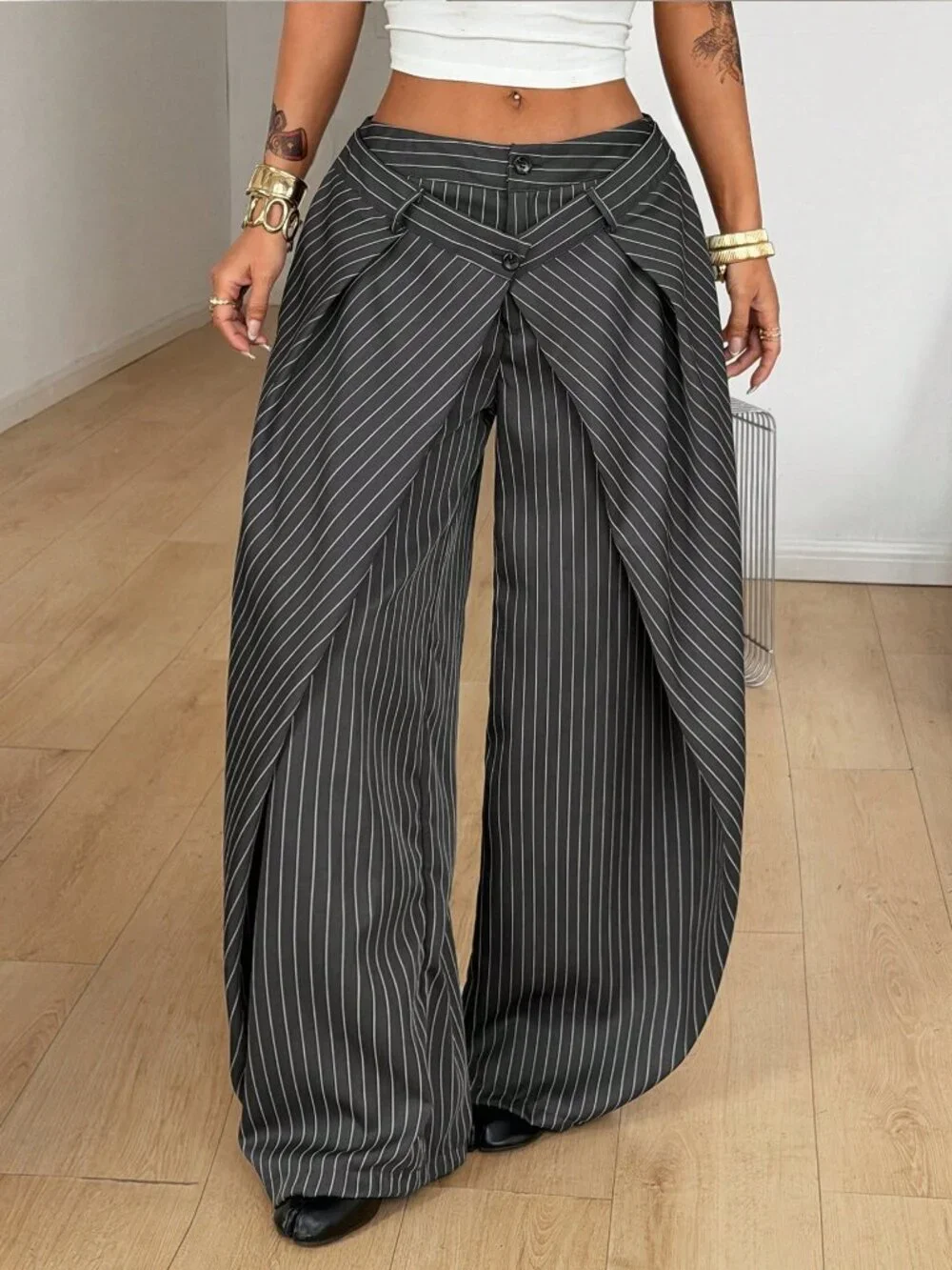 Grey Casual Women's Striped Baggy Wide Leg Curved Hem Office Pants - Picture 6 of 7